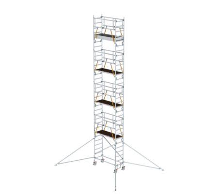 Robustes Rollgerüst aus Aluminium, ideal für Bau- und Renovierungsarbeiten, mit stabilen Plattformen und sicheren Rollen für flexible Einsatzmöglichkeiten.