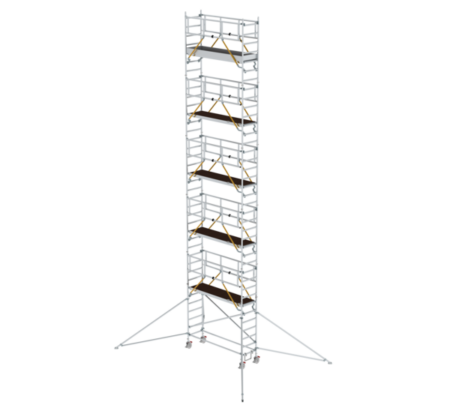 Hochwertiger Rollgerüstturm aus Aluminium, ideal für Bau- und Renovierungsarbeiten in der Höhe, mit stabiler Basis und sicheren Plattformen für effizientes Arbeiten.