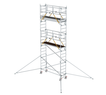 Mobile Arbeitsbühne aus Aluminium, ideal für Höhenarbeiten, mit stabilen Plattformen und Sicherheitsvorrichtungen. Perfekt für Renovierungen, Wartungen und Bauprojekte.