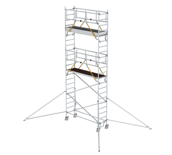 Mobile Arbeitsbühne aus Aluminium, ideal für Höhenarbeiten, mit stabilen Plattformen und Sicherheitsvorrichtungen. Perfekt für Renovierungen, Wartungen und Bauprojekte.