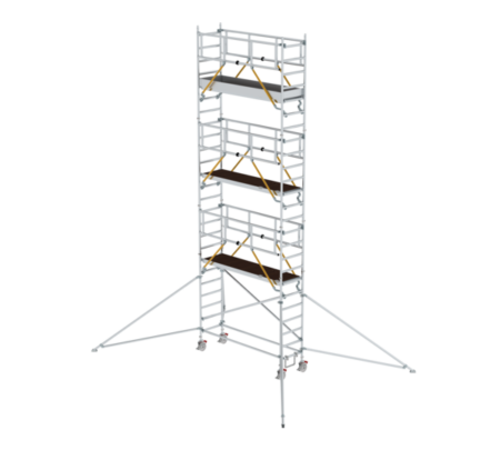 Hochwertiges Rollgerüst mit integrierter Treppe, ideal für Bau- und Renovierungsarbeiten, bietet stabile Plattformen und sichere Aufstiegsmöglichkeiten.