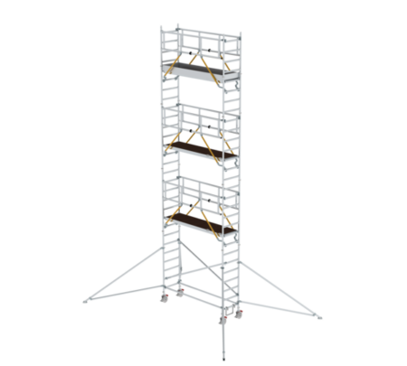 Hochstativ für Gerüstbau, stabiler Gerüstturm mit Sicherheitsstützen, ideal für Bau- und Renovierungsarbeiten in der Höhe.