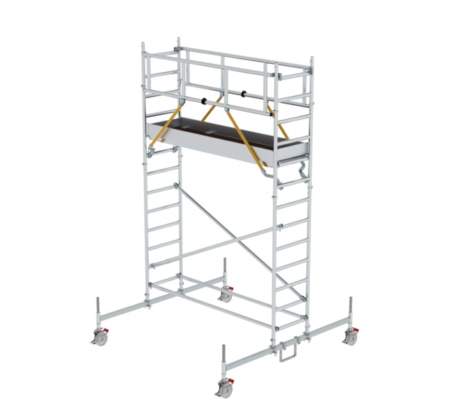Aluminiumgerüst mit Sicherheitsgeländer, ideal für Bau- und Renovierungsarbeiten, leicht zu transportieren und stabil. Perfekt für professionelle Handwerker und Heimwerker.