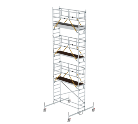 Hochwertiger Baugerüstturm aus Aluminium, ideal für professionelle Bau- und Renovierungsarbeiten, mit stabilen Plattformen und sicheren Geländern für maximale Sicherheit.