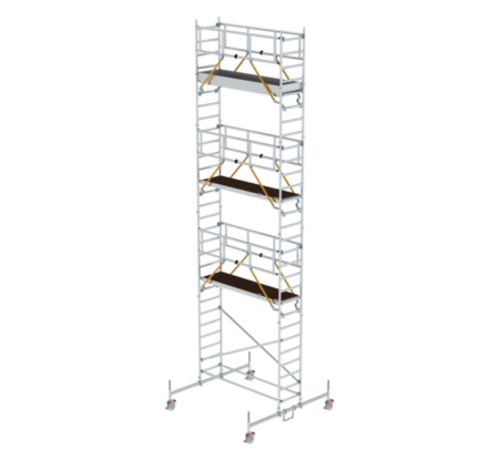 Hochwertiges Aluminiumgerüst für professionelle Bau- und Renovierungsarbeiten, stabil und sicher, ideal für den Einsatz in verschiedenen Höhen.