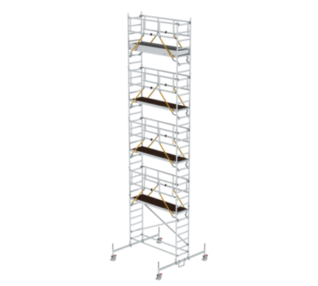 Hochwertiger Gerüstturm aus Aluminium, ideal für Bau- und Renovierungsarbeiten, bietet sichere Plattformen in verschiedenen Höhen. Leicht, stabil und einfach zu montieren.