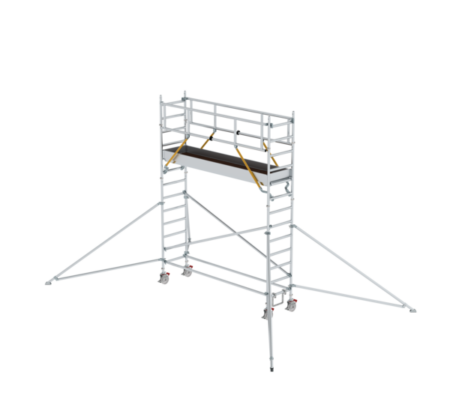Mobile Arbeitsbühne aus Aluminium, ideal für Renovierungen und Wartungsarbeiten in der Höhe, mit stabilen Geländern und sicheren Stützstreben.
