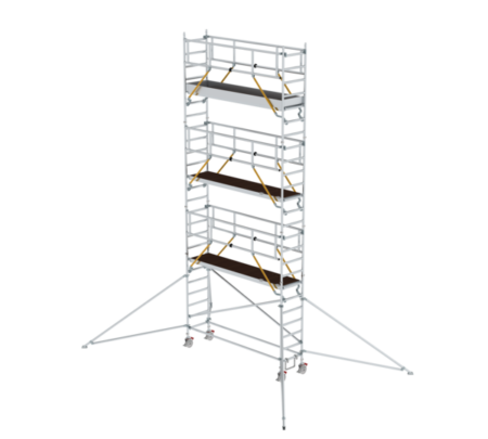 Hochwertige Aluminium-Gerüsttreppe mit rutschfesten Stufen und Sicherheitsgeländern, ideal für Bau- und Renovierungsarbeiten. Leicht, stabil und einfach zu transportieren.