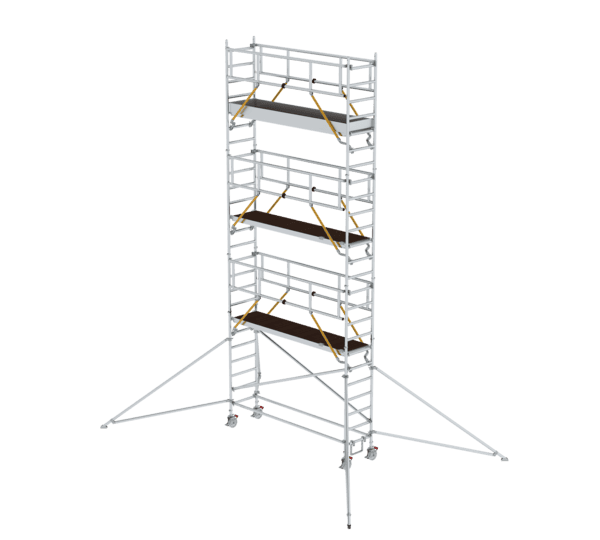 Hochwertige Aluminium-Gerüsttreppe mit rutschfesten Stufen und Sicherheitsgeländern, ideal für Bau- und Renovierungsarbeiten. Leicht, stabil und einfach zu transportieren.