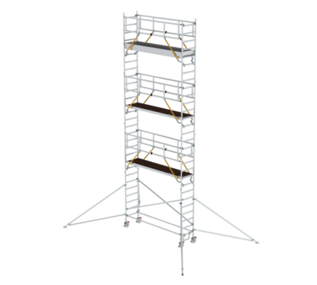 Hochwertige mobile Gerüsttreppe aus Aluminium, ideal für Bau- und Renovierungsarbeiten, bietet sichere Aufstiegshilfe auf verschiedenen Baustellen.