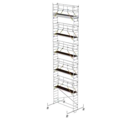 Hochwertige mobile Gerüsttreppe aus Aluminium, ideal für Bau- und Renovierungsarbeiten, bietet sichere Plattformen und einfache Handhabung für professionelle Nutzung.