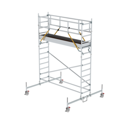 Hochwertiges Aluminiumgerüst für Bau- und Renovierungsarbeiten, flexibel einsetzbar, stabil und leicht zu transportieren, ideal für professionelle Handwerker und Heimwerker.