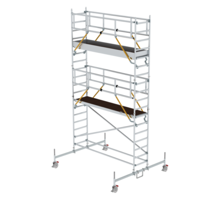 Hochwertiges Rollgerüst mit Arbeitsplattform, Sicherheitsgeländern und stabiler Konstruktion, ideal für Renovierungs- und Bauarbeiten im Innen- und Außenbereich.