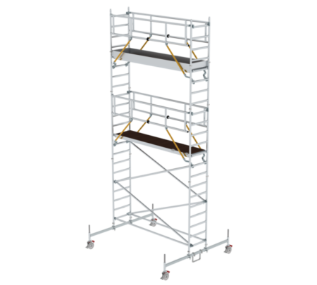 Hochwertige mobile Gerüsttreppe aus Aluminium für sichere Arbeiten in der Höhe, ideal für Baustellen, Renovierungen und Wartungsarbeiten. Leicht, stabil und einfach zu transportieren.