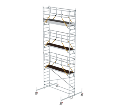 Hochwertige Gerüsttreppe für sichere und einfache Zugänge bei Arbeiten mit Rollgerüsten, ideal für Bau, Renovierung und Wartung. Robustes Aluminium, leicht zu transportieren und zu montieren.