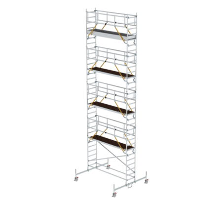 Robustes Rollgerüst aus Aluminium mit mehreren Plattformen, ideal für Arbeiten in der Höhe bei Bau, Renovierung und Wartung. Leicht, stabil und mobil für professionelle Nutzung.