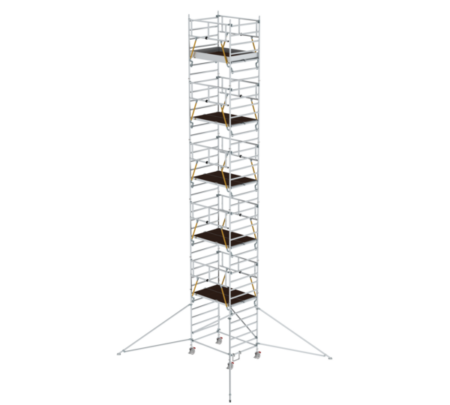 Robustes, mobiles Rollgerüst aus Aluminium, ideal für Bauarbeiten, Renovierungen und Fassadenarbeiten, mit stabilen Plattformen und sicheren Rollen für flexible Einsatzmöglichkeiten.