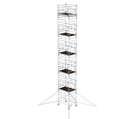 Hochwertiger Baugerüstturm aus Aluminium mit stabilen Plattformen, ideal für professionelle Bau- und Renovierungsarbeiten. Leicht zu transportieren und einfach aufzubauen.