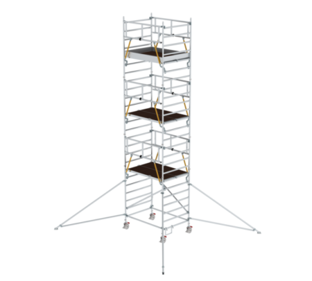 Hochwertiges Baustellen-Gerüst mit Treppe, ideal für sichere Arbeiten in der Höhe, leicht auf- und abzubauen, robust und stabil für professionelle Nutzung.