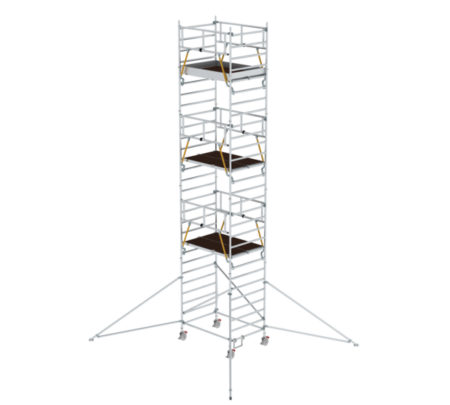 Robustes, mobiles Rollgerüst aus Aluminium mit stabilen Plattformen, ideal für professionelle Bau- und Renovierungsarbeiten, einfache Handhabung, hohe Sicherheit, vielseitig einsetzbar.