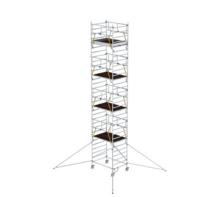 Hochwertiger Gerüstturm aus Aluminium, ideal für Bau- und Renovierungsarbeiten, mit stabilen Plattformen und sicheren Geländern, leicht zu transportieren und aufzubauen.
