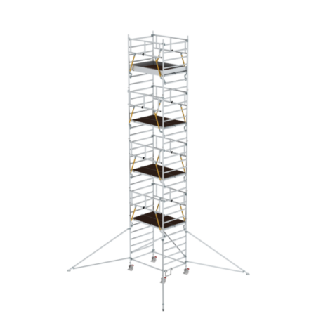 Hochwertiger Gerüstturm aus Aluminium, ideal für Bau- und Renovierungsarbeiten, mit stabilen Plattformen und sicheren Geländern, leicht zu transportieren und aufzubauen.