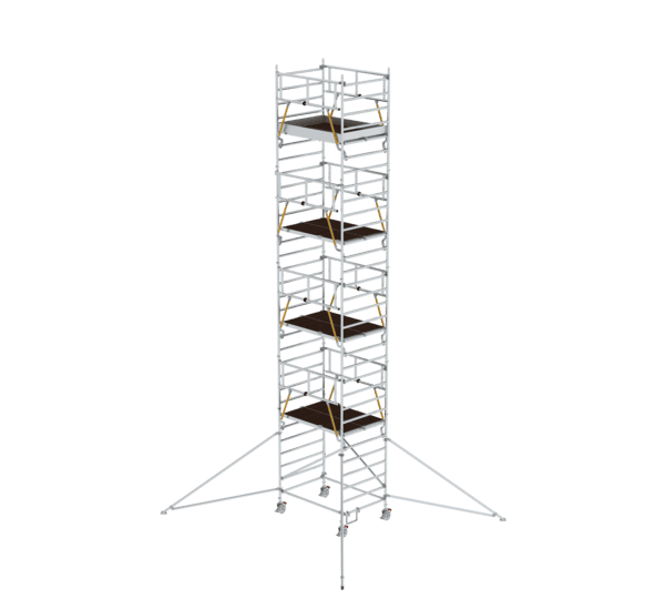 Hochwertiger Gerüstturm aus Aluminium, ideal für Bau- und Renovierungsarbeiten, mit stabilen Plattformen und sicheren Geländern, leicht zu transportieren und aufzubauen.