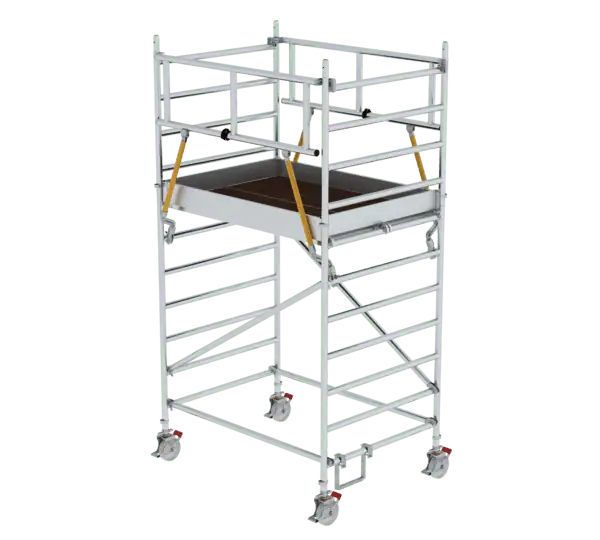 Hochwertiges Baustellen-Gerüst aus Aluminium, ideal für Renovierungs- und Bauarbeiten, mit stabilen Plattformen und sicheren Geländern für maximale Sicherheit.