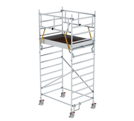Aluminium Gerüst auf Rollen für flexible Baustellenarbeiten, leicht zu transportieren und stabil. Perfekt für Renovierungen, Fassadenarbeiten und Wartungsarbeiten im Innen- und Außenbereich.