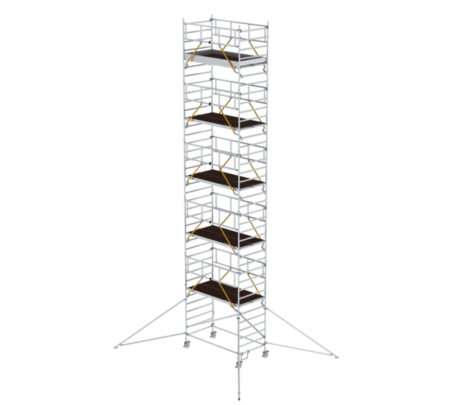 Hochwertiger Gerüstturm aus Aluminium, ideal für Bau- und Renovierungsarbeiten, bietet sichere Arbeitsplattformen in verschiedenen Höhen.