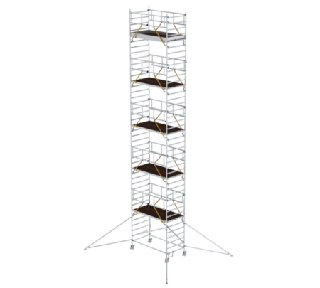 Mobile Baugerüst mit mehreren Plattformen, ideal für Arbeiten in der Höhe, stabil und leicht aufstellbar, perfekt für Renovierungen und Fassadenarbeiten.