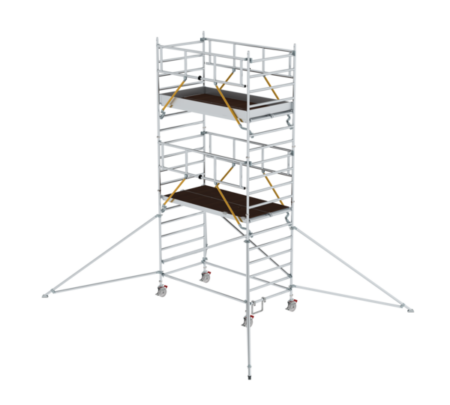 Hochwertiges Rollgerüst mit stabilen Plattformen, ideal für Bau- und Renovierungsarbeiten in der Höhe, leicht zu transportieren und sicher zu verwenden.