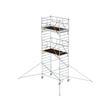 Mobile Gerüsttreppe aus Aluminium mit Plattformen, ideal für Bau- und Wartungsarbeiten, bietet sichere Aufstiegshilfe und Stabilität auf Baustellen und in der Industrie.