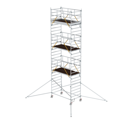 Robustes Rollgerüst aus Aluminium mit mehreren Plattformen, ideal für Bau- und Renovierungsarbeiten in der Höhe, leicht zu transportieren und sicher zu verwenden.