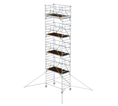 Robustes, sicheres Rollgerüst für professionelle Bau- und Renovierungsarbeiten, ideal für den Einsatz in verschiedenen Höhen, mit stabilen Plattformen und einfacher Handhabung.