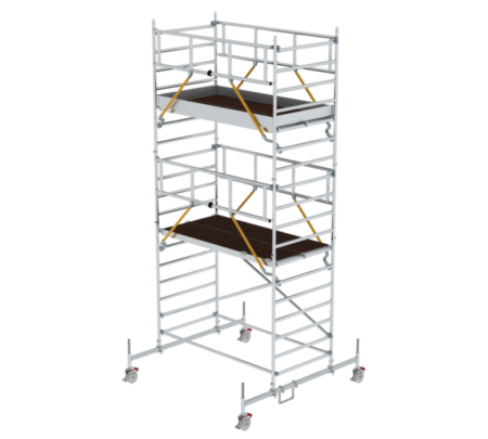 Hochwertiges Rollgerüst mit Treppe und Plattform, ideal für Bau- und Renovierungsarbeiten, bietet sichere Arbeitshöhe und einfache Mobilität auf Baustellen.