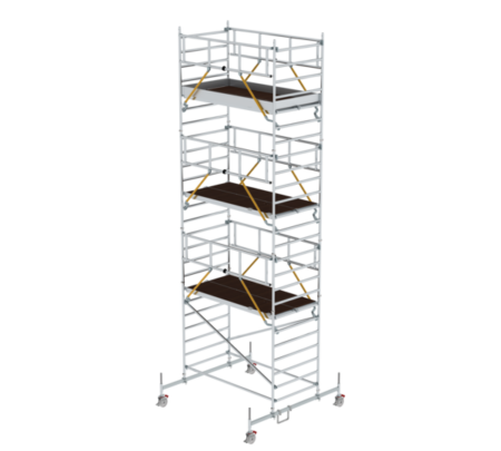 Robustes Rollgerüst aus Aluminium mit vier Plattformen, ideal für Arbeiten in der Höhe bei Bau, Renovierung und Wartung. Leicht, stabil und mobil für professionelle Nutzung.