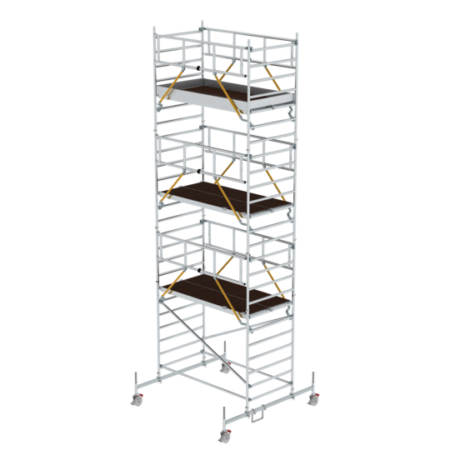 Robustes Rollgerüst aus Aluminium mit vier Plattformen, ideal für Arbeiten in der Höhe bei Bau, Renovierung und Wartung. Leicht, stabil und mobil für professionelle Nutzung.