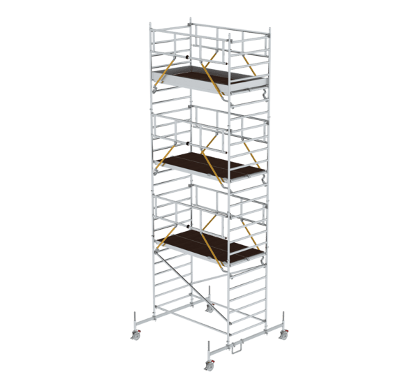 Robustes Rollgerüst aus Aluminium mit vier Plattformen, ideal für Arbeiten in der Höhe bei Bau, Renovierung und Wartung. Leicht, stabil und mobil für professionelle Nutzung.