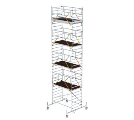 Hochstativ für Gerüstbau aus Aluminium, ideal für Arbeiten in der Höhe, stabil und leicht, geeignet für professionelle Bau- und Renovierungsprojekte.