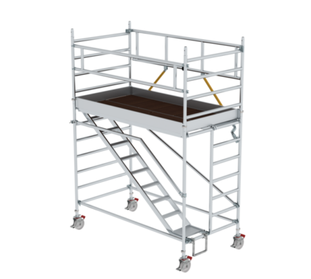 Hochwertiges Rollgerüst mit Sicherheitsgeländer, ideal für Arbeiten in der Höhe, leicht beweglich durch Rollen, robustes Aluminiumgestell, geeignet für Bau- und Renovierungsarbeiten.