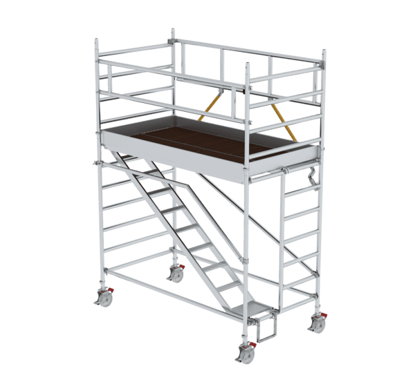 Hochwertiges Rollgerüst mit Sicherheitsgeländer, ideal für Arbeiten in der Höhe, leicht beweglich durch Rollen, robustes Aluminiumgestell, geeignet für Bau- und Renovierungsarbeiten.