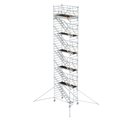 Hochwertiges Baugerüstturm aus Aluminium, ideal für professionelle Bau- und Renovierungsarbeiten, sicher und stabil, mit verstellbaren Plattformen und stabilen Stützfüßen.