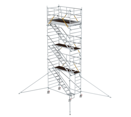 Robustes, sicheres Rollgerüst aus Aluminium für professionelle Bau- und Renovierungsarbeiten, leicht zu transportieren und stabil für maximale Sicherheit auf der Baustelle.