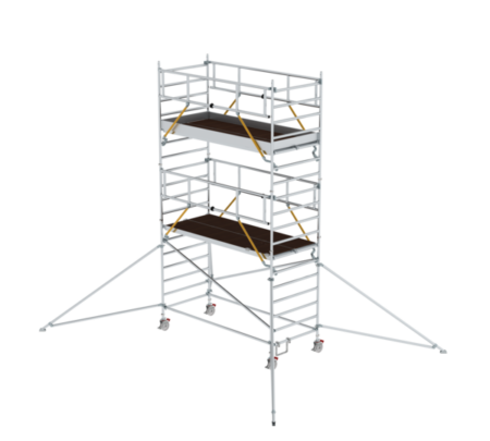 Mobile Gerüsttreppe mit stabilen Plattformen und Sicherheitsgeländern, ideal für Bau- und Wartungsarbeiten in der Höhe.