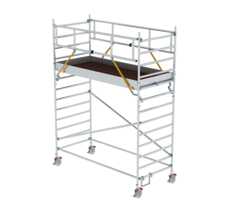 Leichtes Aluminiumgerüst mit Rollen, ideal für Bau- und Renovierungsarbeiten, bietet stabile Plattformen und flexible Einsatzmöglichkeiten für Handwerker und Heimwerker.