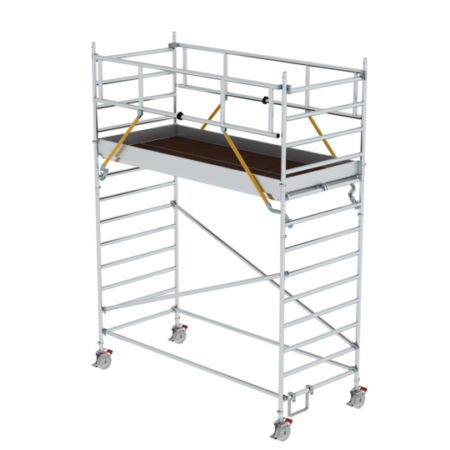 Leichtes Aluminiumgerüst mit Rollen, ideal für Bau- und Renovierungsarbeiten, bietet stabile Plattformen und flexible Einsatzmöglichkeiten für Handwerker und Heimwerker.