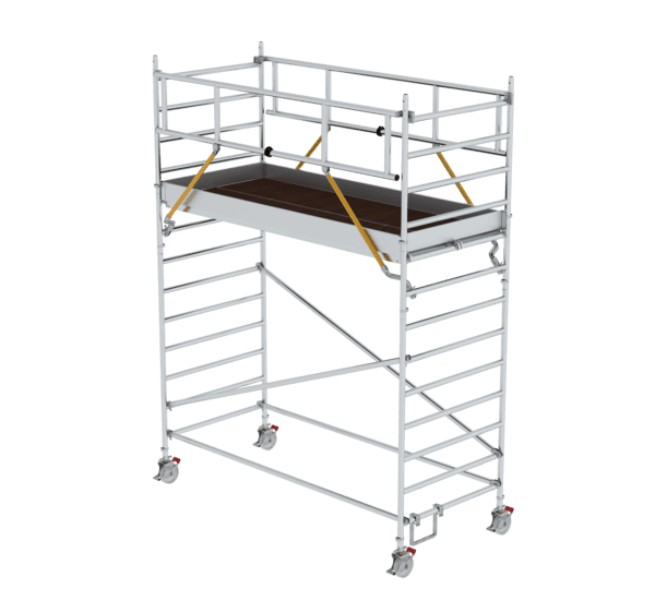 Leichtes Aluminiumgerüst mit Rollen, ideal für Bau- und Renovierungsarbeiten, bietet stabile Plattformen und flexible Einsatzmöglichkeiten für Handwerker und Heimwerker.