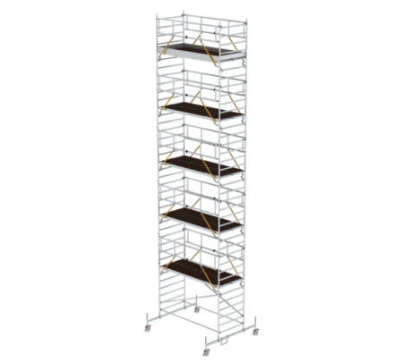 Hochwertiger Gerüstturm aus Aluminium, ideal für Bau- und Renovierungsarbeiten in der Höhe, mit stabilen Plattformen und sicheren Geländern für maximale Sicherheit.