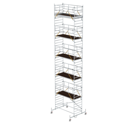 Hochwertiger Gerüstturm aus Aluminium, ideal für Bau- und Renovierungsarbeiten in der Höhe, mit stabilen Plattformen und sicheren Geländern für maximale Sicherheit.